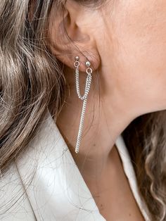 Enjoy FREE SHIPPING WORLDWIDE+ 10% off all jewelry + Free beautiful gift wrap ❤ Welcome to My Store!❤ A Sterling silver stud earrings, perfect and delicate double SINGLE piercing earring that connects to your first and second hole in the ear . The silver dangle tassel earring sits exactly on any classic dress for an event or everyday. ♦ Materials ♦ - The earring is made of 100% sterling silver and water-resistant! ♦ The earring can be adjusted according to the number of holes you have, you can s Sterling Silver Chain Earrings For Party, Sterling Silver Earrings With Silver Chain For Party, Elegant Drop Earrings With Silver Chain, Elegant Silver Chain Drop Earrings, Silver Chain Drop Earrings Gift, Dainty Silver Threader Earrings For Party, Dainty Silver Earrings With Adjustable Chain, Elegant Sterling Silver Threader Earrings, Elegant Silver Sterling Threader Earrings