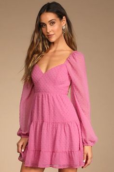 Shop Cute Valentine's Day Dresses at Lulus.com Pink Wedding Guest Dresses, Black Long Sleeve Mini Dress, Swiss Dot Dress, Tiered Mini Skirt, Lulu Fashion, Puff Long Sleeves, Textured Dress, Lulu Dresses, Swiss Dot