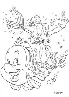 the little mermaid and her friends are swimming in the ocean coloring pages for kids, printable