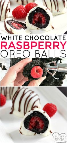 white chocolate raspberry oreo balls are on a plate and one is being held up