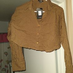 Plaid Short Top Long Sleeve Trendy Brown Shirt For Fall, Yellow Fitted Shirt For Fall, Fitted Yellow Shirt For Fall, Orange Collared Top For Fall, Retro Tops For Day Out In Fall, Trendy Orange Shirt For Work, Trendy Yellow Fall Shirt, Trendy Yellow Shirt For Fall, Orange Workwear Tops For Fall