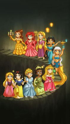 disney princesses are standing in the dark