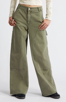 Made from stretchy twill, these full-length pants are right on trend with workwear-inspired details like paneled legs, a carpenter loop and slight fading. 31" inseam; 26" leg opening; 12 1/2" front rise; 15 1/2" back rise (size 8) Zip fly with button closure Side-seam pockets; back patch pockets 97% cotton, 3% spandex Machine wash, tumble dry Imported Not available for sale and shipment to Germany Patchwork Pants, Cute Pants, Carpenter Pants, Pantalon Cargo, Cargo Pant, Clothing Dresses, Dream Wardrobe, Denim Pants, Not Available