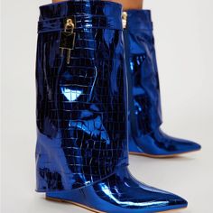 Never Worn New Metallic Blue Boots Trendy Blue Boots For Party, Blue Boots For Fall Party, Blue Party Boots For Fall, Blue Pointed Toe Boots For Night Out, Blue Pointed Toe Boots For Spring, Blue Boots For Spring Party, Casual Blue Boots For Party, Light Blue Party Boots For Fall, Blue Winter Party Boots