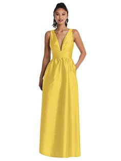 This Satiny Peau De Soie Maxi Dress With Pockets Is The Perfect Dress For A Formal Event Or Elegant Evening Soiree. A Dramatic V-neckline And Soft, Shirred Skirt Create A Bold Silhouette That's Flirty, Feminine, And Comfortable All At Once. Shown In Daffodil. Chic Satin Finish V-neck Evening Dress, V-neck Maxi Dress With Pleated Back For Gala, Satin V-neck Maxi Dress With Ruched Bodice, Elegant Party Dresses With Pockets, Party Dress With Pockets And V-neck, Fitted Maxi Dress With Pockets For Party, Ruched Satin Maxi Dress With V-neck, V-neck Satin Finish Maxi Dress, Satin Finish V-neck Maxi Dress