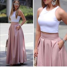 Just Skirt Chique Outfits, Paris Chic, Prom Dresses Two Piece, Rock Outfit, Elegant Prom Dresses, Elegante Casual, Pleated Maxi Skirt, Piece Prom Dress, Make Up Look