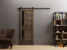 a living room with a chair, book shelf and sliding door