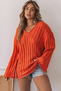 Orange Ribbed Loose Knit V Neck Pullover Sweater Knit V Neck, V Neck Pullover, Affordable Fashion Women, Sleeves Clothing, Loose Knit, Pullover Sweater Women, Vacation Travel, Fitted Sweater, Winter Sweaters