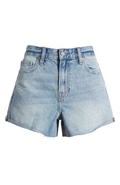 An A-line silhouette adds to the vintage vibe of nonstretch-denim shorts made with raw hems and hints of distressing. 3" inseam; 11" front rise Zip fly with button closure Five-pocket style 100% cotton Machine wash, tumble dry Imported Cheap Urban Outfitters Denim Shorts, Pull And Bear Denim Shorts, Medium Wash Cotton Cutoff Jean Shorts, Denim Cutoff Jean Shorts With Frayed Hem, Distressed Relaxed Fit Jean Shorts, Faded Cutoff Jean Shorts With Frayed Hem, Faded Relaxed Fit Cutoff Shorts, Faded Cutoff Shorts With Relaxed Fit, Faded Denim Jean Shorts With Frayed Hem