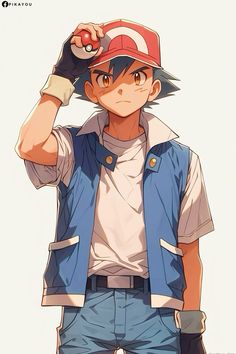 an anime character with a baseball cap and blue jeans, holding his hand up to his head