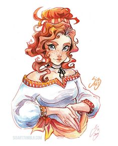 a drawing of a woman with red hair wearing a white dress and holding her hands on her chest