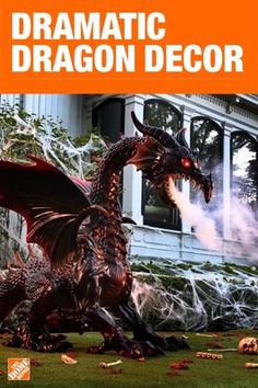 a dragon statue in front of a house with the words dramatic dragon decor on it