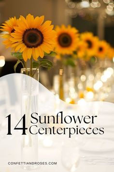 Brighten your rustic wedding with DIY sunflower centerpieces. Discover elegant ideas and designs featuring mason jars and vases that bring a touch of countryside charm to your special day. These sunflower arrangements will add a vibrant, sunny feel to your wedding decor. Fall Wedding Flowers With Sunflowers, Sunflower Table Centerpieces Party Ideas, Sunflower Table Setting Ideas, Sunflower Tablescapes, Wedding Decor Sunflowers, Rustic Wedding Centerpieces Sunflowers, Sunflower Table Decor, Sunflower Arrangement Ideas, Sunflower Party Decor