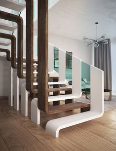 the stairs are made out of wood and white