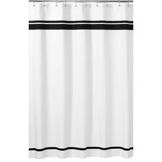 a white shower curtain with black stripes on the bottom and bottom, in front of a white background