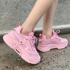 Lasaky - Candy-Colored Mesh Sneakers with Thick Sole: Casual Sporty White Shoes Pink Platform, Women Platform Sneakers, Platform Trainers, Shoes Chunky, Yellow Sneakers, Mesh Fashion, Mesh Heels, Sport Shoes Fashion, Sport Shoes Women