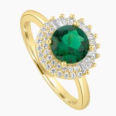 Make a statement with this exquisite Created Green Sapphire Halo Ring. Crafted with a gold-plated sterling silver band, this ring exudes elegance and sophistication. The centerpiece features a stunning created green sapphire, surrounded by a unique halo design. The halo is crafted with a combination of half baguette-cut CZ stones and half round-cut stones, creating a beautiful and captivating contrast. The arrangement of these stones adds a touch of brilliance and enhances the overall allure of the ring. Sapphire Halo Ring, Halo Design, Green Sapphire, Baguette Cut, Halo Ring, Halo Rings, Sterling Silver Bands, Beautiful Gift Boxes, Cz Stone