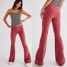 Mid-rise Cotton Flare Jeans For Winter, Pink Mid-rise Jeans For Fall, Casual Fitted Winter Flare Jeans, Fitted Cotton Jeans For Winter, Winter Mid-rise Cotton Flare Jeans, Stretch Pink Jeans For Fall, Pink Stretch Jeans For Fall, Mid-rise Burgundy Fall Pants, Mid-rise Burgundy Pants For Fall