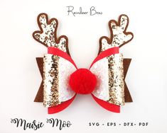 a red and white reindeer bow with sequins on it's head is shown