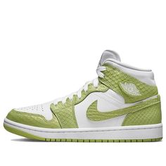 Experience innovation and style with the Air Jordan 1 Mid SE 'Green Python'. Boasting a two-tone colorway, this unique sneaker is dominated by its titular green python shade, feating snake-like scales across the collars, forefoot, heel overlays and Swooshes. White leather on the base contrasts the green hue, appearing Nike Jordan Green, Jordan 1 Mid Green, Gs Logo, Green Python, Air Jordan 1 Shoes, Jordan Green, Wmns Air Jordan 1, Vapour Max Nike, Jordan 1 Shoes