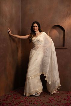 Organza Saree with gota work comes with stitched blouse Dola Silk Pre-draped Saree With Sheer Dupatta For Diwali, Elegant Chanderi Pre-draped Saree For Navratri, Eid Georgette Pre-draped Saree With Gota Work, Elegant Cotton Silk Pre-draped Saree With Dupatta, Elegant Dola Silk Pre-draped Saree With Resham Embroidery, Festive Off White Pre-draped Saree, Designer Pre-draped Dola Silk Saree With Dupatta, White Cotton Silk Pre-draped Saree With Zari Work, Festival Chanderi Pre-draped Saree With Gota Work