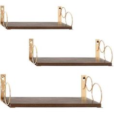 three wooden shelves with metal rings on them