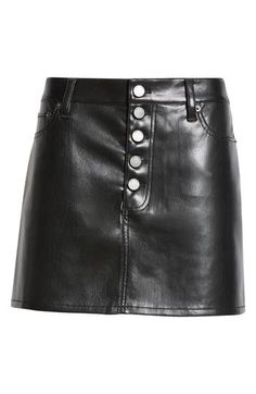 Glossy faux leather gives a glam and modern look to this miniskirt that's ready to party. 14" length Front button closure Five-pocket style Lined 100% polyester with 100% polyurethane coating Dry clean Imported Leather Miniskirt, Fabric Gift Bags, Leather Mini Skirts, Fabric Gifts, Free Fabric, Black Fits, Alice Olivia, Mini Skirts, Faux Leather