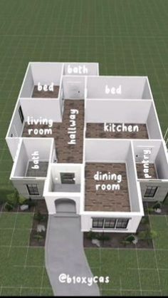 an aerial view of a house with the floor plan labeled in white and brown colors