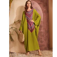 One Size Color Olive Green Green Maxi Length Kaftan For Spring, Spring Green Kaftan, Spring Green Long Kaftan Dress, Green Kaftan For Eid Vacation, Spring Bohemian Maxi Abaya, Green Kaftan For Vacation And Eid, Spring Vacation Long Sleeve Abaya, Green Long Dress For Eid, Green Dress For Eid Vacation