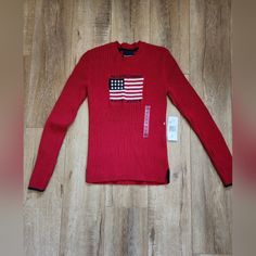 Nwt Polo Jeans Ralph Lauren Women’s M Usa Flag Knit Cotton Red Sweater Slim And Short. Looks Small But Stretches Very Well Fitted Red Crew Neck Sweater, Red Cable Knit Crew Neck Top, Red Cable Knit Tops, Red Fitted Long Sleeve Sweater, Red Cotton Cable Knit Sweater, Red Cable Knit Cotton Sweater, Red Knitted Long Sleeve Tops, Red Knit Tops For Winter, Red Fitted Sweater For Fall