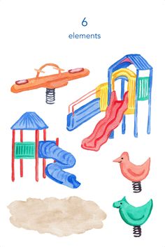 an image of children's playgrounds and toys in watercolor on white paper