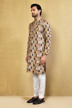 Multicolour thread embroidered geometric patterned kurta. Comes with polo pant. - Aza Fashions Kurta Cotton, Pants Pattern, Mandarin Collar, Aza Fashion, Mens Pants, Types Of Sleeves, Custom Made, Multi Color, Cotton Blend