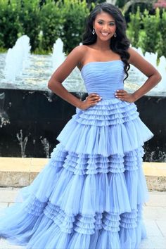 Sky Blue Strapless A-Line Tiered Tulle Prom Dress with Slit Wedding Dress Petticoat, Prom Dress Strapless, Long Party Dress, Best Prom Dresses, Evening Dresses Cocktail, Mothers Dresses, Tulle Prom Dress, Fashion Mistakes, Party Dress Long