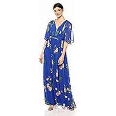 100% Polyester Zipper Closure Casual Blue Chiffon Maxi Dress, Blue Floral Print Chiffon Maxi Dress, Blue Maxi Chiffon Dress For Garden Party, Floor-length Blue Dresses For Spring, Flowy Georgette Cocktail Dress, Flowy Georgette Dress For Cocktail, Flowy Georgette Dress For Cocktail Occasions, Flowy Blue Chiffon Dress With Floral Print, Flowy Blue Chiffon Maxi Dress