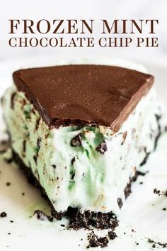 a piece of frozen mint chocolate chip pie on a white plate with the title overlay