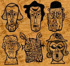 four masks with faces drawn on them in black and brown ink, each depicting an individual's face