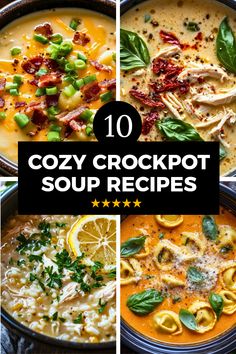 Looking for some warm and cozy soup ideas? Check out these 10 comforting crockpot soup recipes that require little effort but pack a ton of flavor! From rich and hearty stews to light and veggie-packed broths, these dishes ensure you stay cozy all season long. Perfect for busy weekdays, these easy slow cooker soups simmer to perfection. Try these flavorful recipes for your next family dinner or game night gathering. Your friends will love and ask for seconds. Let’s get cooking some homemade goodness! Cheeseburger Soup Crockpot, Easy Crockpot Soup, Slow Cooker Soups, Thai Coconut Chicken Soup, Chicken Noodle Soup Crock Pot, Tomato Tortellini Soup, Cozy Soup, Crockpot Soup, Soup Ideas