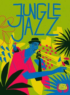 the poster for jungle jazz shows a man with a trumpet