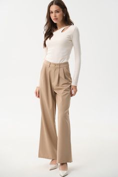 Classic pants color beige - SOLMAR Elegant Straight-leg Dress Pants For Office, Elegant Straight Dress Pants For Office, Elegant Straight Leg Dress Pants For Office, Formal Office Lady Trousers, Chic Cotton Wide Leg Pants For Business Casual, Formal Ankle-length Office Pants, Tailored Bottoms For Business Casual, Tailored Bottoms For Business Casual Office Lady, Chic Formal Dress Pants With Button Closure