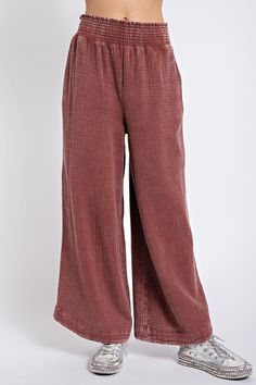 Easel Cotton Gauze Pants in Red Bean Comfy Flowy Pants, Relaxed Cotton Wide-leg Harem Pants, Wide-leg Relaxed Fit Harem Pants For Loungewear, Loosely Fitted Wide-leg Harem Pants For Loungewear, Wide-leg Cotton Harem Pants For Loungewear, Cotton Gauze Pants, Rayon Wide-leg Harem Pants For Loungewear, Gauze Pants, Umgee Dress