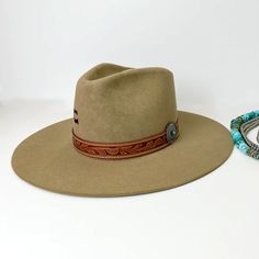 Charlie 1 Horse | Lori Wool Felt Hat with Leather Tooled Band and Silver Concho in Fawn Brown M | Trendy pieces for all shapes and sizes. Country Style Felt Hat With Short Brim, Western Wool Hat Bands For Rodeo, Country Style Rigid Felt Hat With Short Brim, Southwestern Wide Brim Felt Hat For Western-themed Events, Country Style Short Brim Felt Hat, Western Wool Felt Hat For Rodeo, Southwestern Felt Hat With Short Brim For Ranch, Fur Felt Hat For Rodeo In Fall, Fur Felt Hat For Fall Rodeo