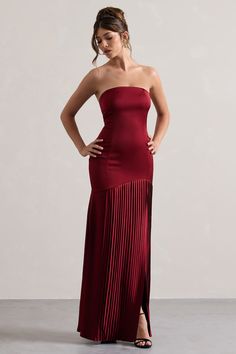 Confidence | Burgundy Satin Bandeau Pleated Split Maxi Dress Deep Red Bridesmaid Dresses, Sorority Formal Dress, Red Wine Dress, Drop Waist Gown, Burgundy Maxi Dress, Midi Bridesmaid Dress, Club L London, Maxi Dress Designs, Dark Dress