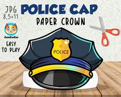 the police cap paper crown is on top of a wooden table