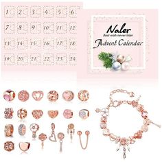 an assortment of jewelry and bracelets are shown in front of a calendar with the date