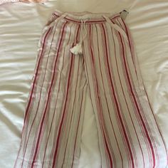 Nwt White Pants With Red Stripes Size Medium Drawstrings 30 In Inseam Red Wide Leg Pants For Beach, Red Trousers For Beach, High Waist Red Pants For The Beach, Red Wide Leg Bottoms For Day Out, Red Cotton Pants For Vacation, Red Trousers For Vacation, Red Bottoms With Pockets For Vacation, Red Vacation Bottoms With Pockets, Red Cotton Beach Bottoms