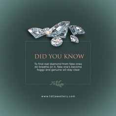 To tell if your diamond is real, place the stone in front of your mouth and, like a mirror, fog it up with your breath. If the diamond stays fogged for a few seconds, then it's probably a fake. A real diamond won't fog up easily since the condensation doesn't stick to the surface.  #DidYouKnow  #RealDiamond #Jewellery #IndianJewellery #TDF #TDFDiamondsAndGold #Diamond #Gold #TheDiamondFactory #JewelleryBrand #GautamandPrasanna Wedding Pieces, Shopping In Mumbai, Creative Jewelry Photography, Did You Know Facts, Instagram Reel, Jewelry Photography, Diamond Gold, Creative Jewelry, Diamond Jewellery