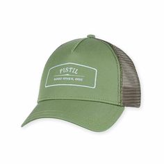 a green trucker hat with the words pistil on it