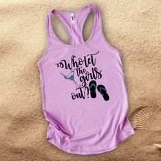 Girls weekend drinking tank/ margarita beach tank/ girls trip summer vacation girls night out shirts featuring Who let the girls out with a margarita and flip flops in pearl metallic teal. The great athletic properties of this super soft cotton/poly tank top is sure to become your favorite tank. • 60% combed ringspun cotton, 40% polyester lightweight jersey• fabric laundered for reduced shrinkage • Racer back detail Beach Letter Print Tank Top, Beach Sleeveless Tank Top With Letter Print, Sleeveless Letter Print Tank Top For Beach, Summer Racerback Tank Top With Letter Print, Vacation Sleeveless Tank Top With Letter Print, Casual Tank Top For Beach Vacation, Casual Sleeveless Tops For Vacation, Summer Vacation Tank Tops, Tank Top For Beach Season Vacation