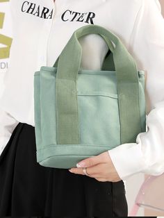 Green Preppy   Canvas Plain Bucket Bag Embellished   Women Bags Trendy Green Square Bucket Bag, Green Large Capacity Canvas Bucket Bag, Green Square Bucket Bag With Large Capacity, Handmade Green Rectangular Bucket Bag, Casual Green Bucket-shaped Bag, Canvas Bag Design, Pretty Bags, Nylon Bag