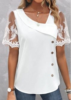 Color:White;Size:S;Size:M;Size:L;Size:XL;Size:XXL;Package Contents:1 X Blouse;Occasion:Other;Style:Casual; Spring Party Blouse With Splicing, White Patchwork Tops For Party, Elegant Party Tops With Splicing Detail, Elegant Party Tops With Splicing, Short Sleeve Patchwork Tops For Party, Patchwork Short Sleeve Tops For Party, Party Patchwork Short Sleeve Tops, Party Tops With Patchwork And Short Sleeves, Elegant Spliced Tops For Summer